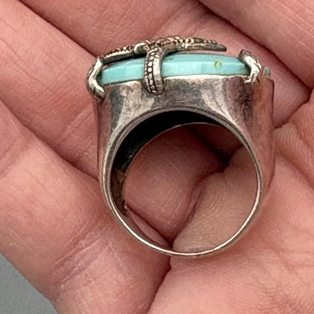 Vintage Sterling Silver Turquoise Butterfly Ring 925 Size 7 Marcasites Chunky